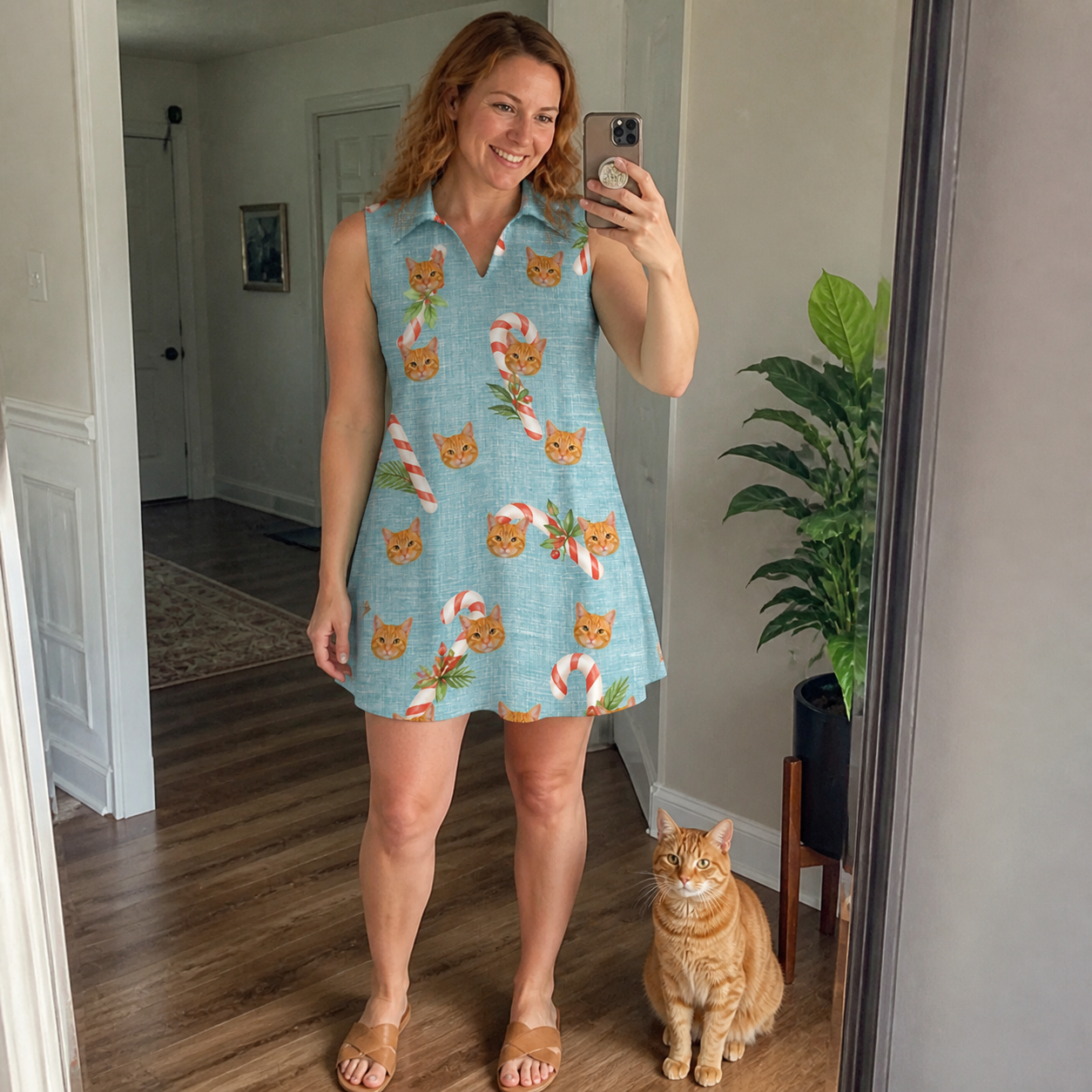 Full-length photo with the pet printed all over this Women's Cane Carousel Custom Cat Face V-Neck Dress