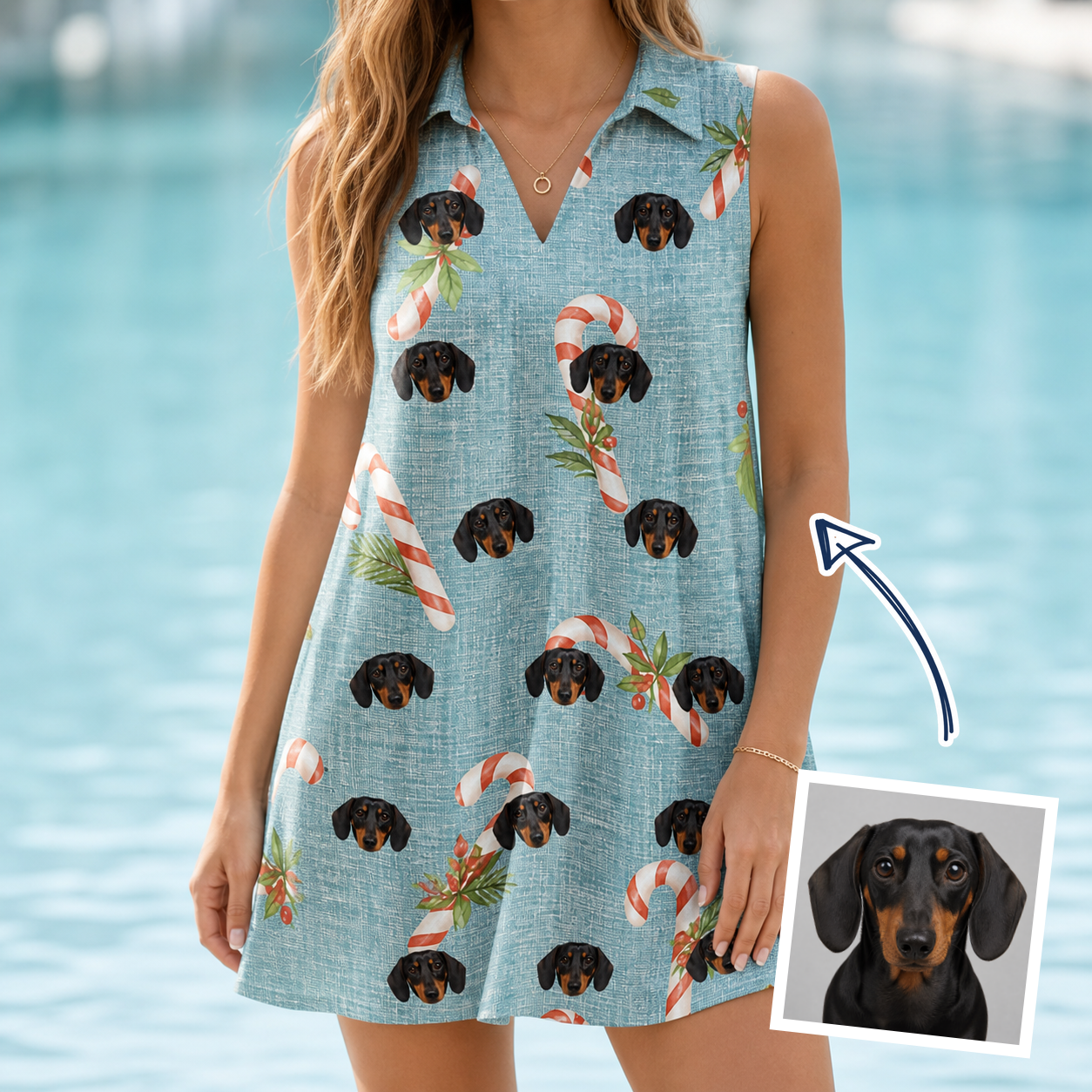 Woman wearing Women's Cane Carousel Custom Dog Face V-Neck Dress — custom faces printed all-over