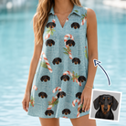 Woman wearing Women's Cane Carousel Custom Dog Face V-Neck Dress — custom faces printed all-over