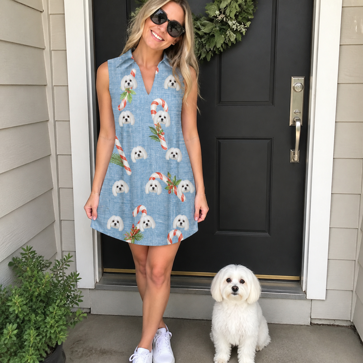 Full-length photo with the pet printed all over this Women's Cane Carousel Custom Dog Face V-Neck Dress