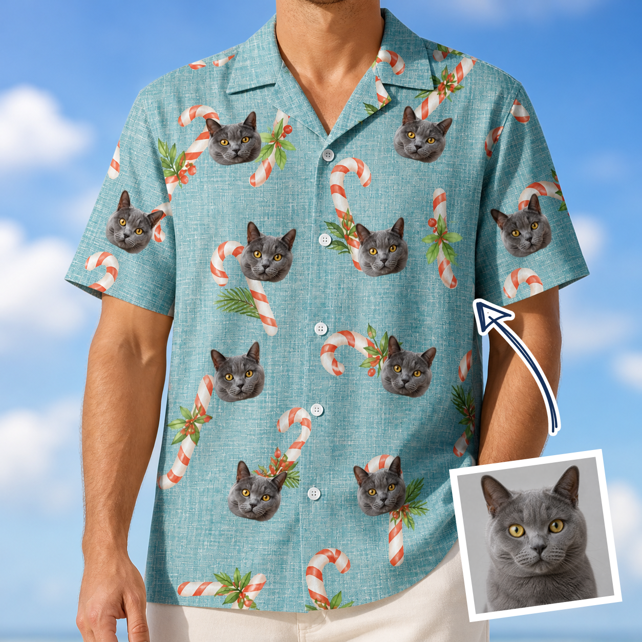 Man wearing Men's Cane Carousel Custom Cat Face Hawaiian Shirt — custom faces printed all-over