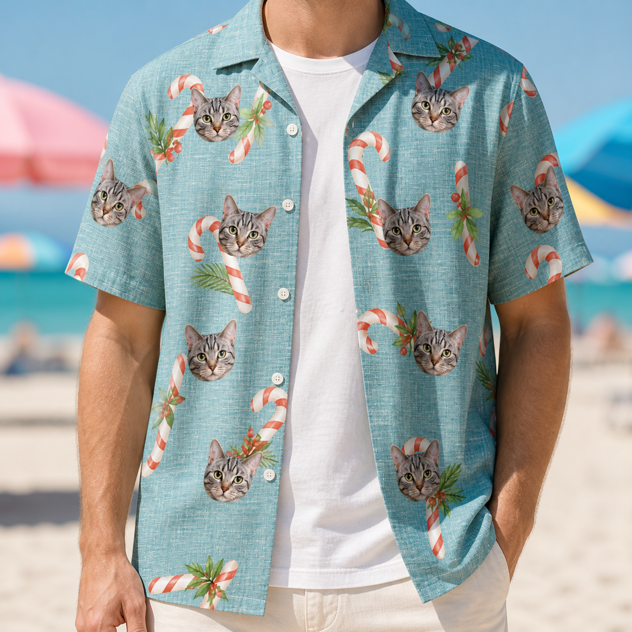 Man wearing Men's Cane Carousel Custom Cat Face Hawaiian Shirt open over a white tee