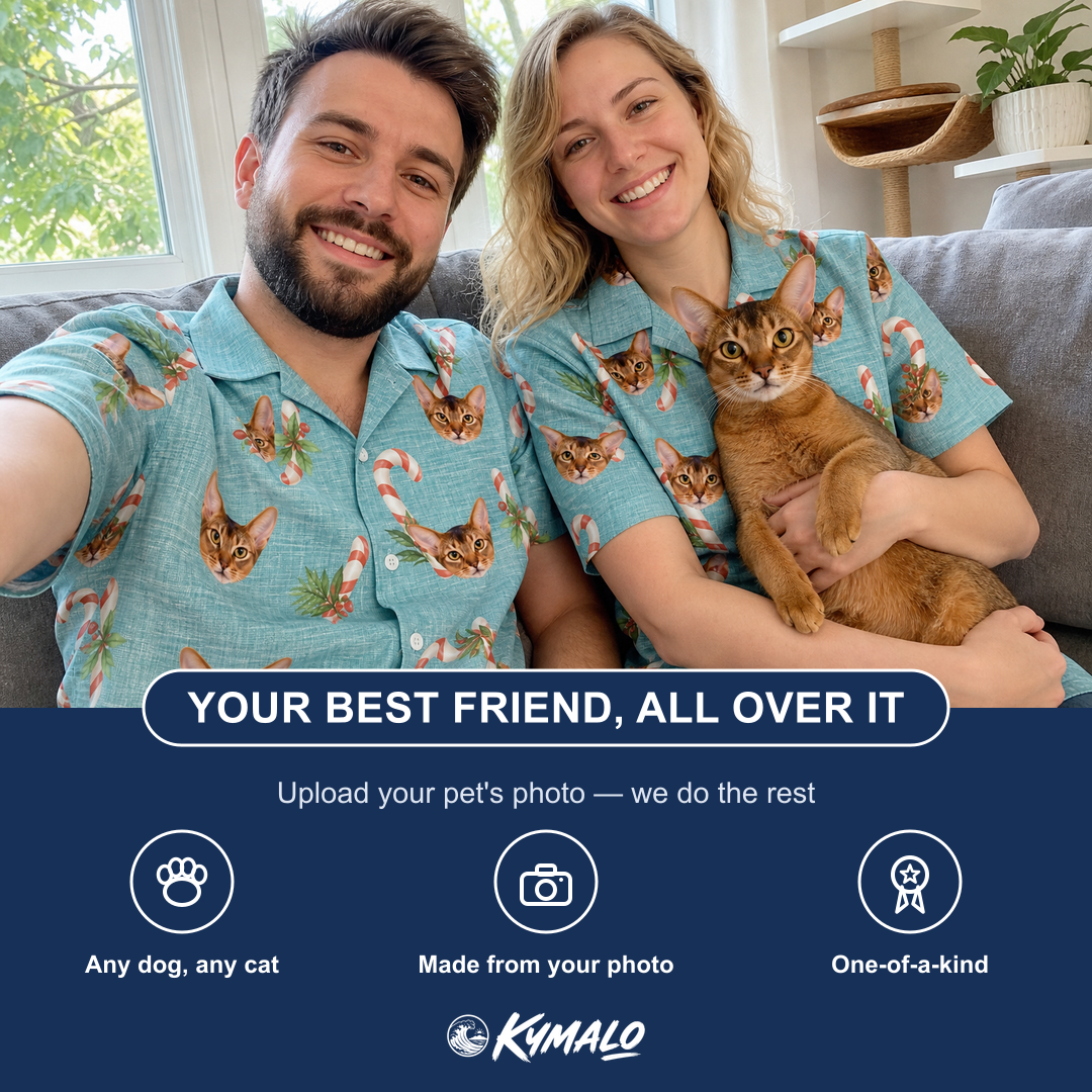 Friends in matching Men's Cane Carousel Custom Cat Face Hawaiian Shirt — a group gift photo
