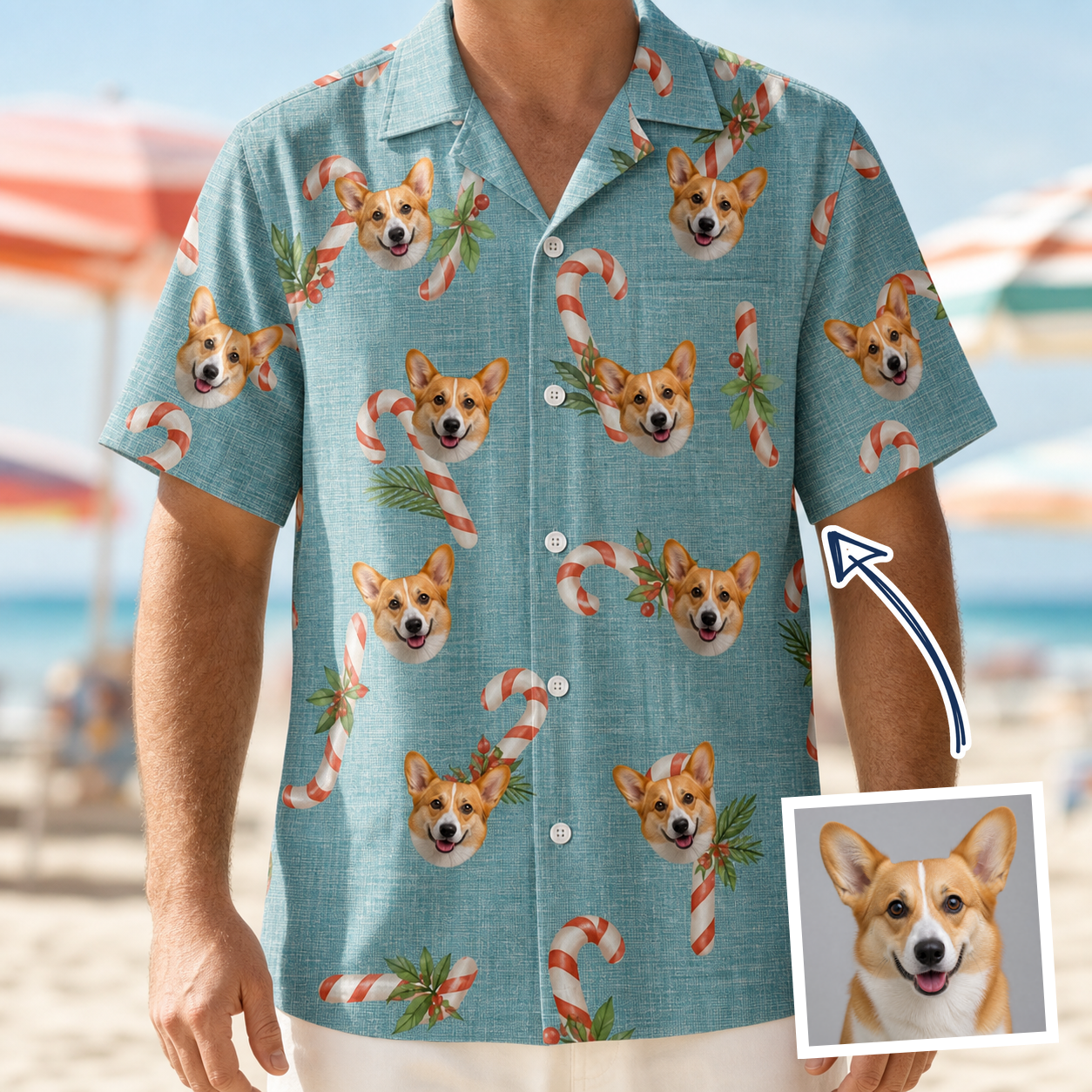 Man wearing Men's Cane Carousel Custom Dog Face Hawaiian Shirt — custom faces printed all-over