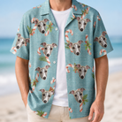 Man wearing Men's Cane Carousel Custom Dog Face Hawaiian Shirt open over a white tee