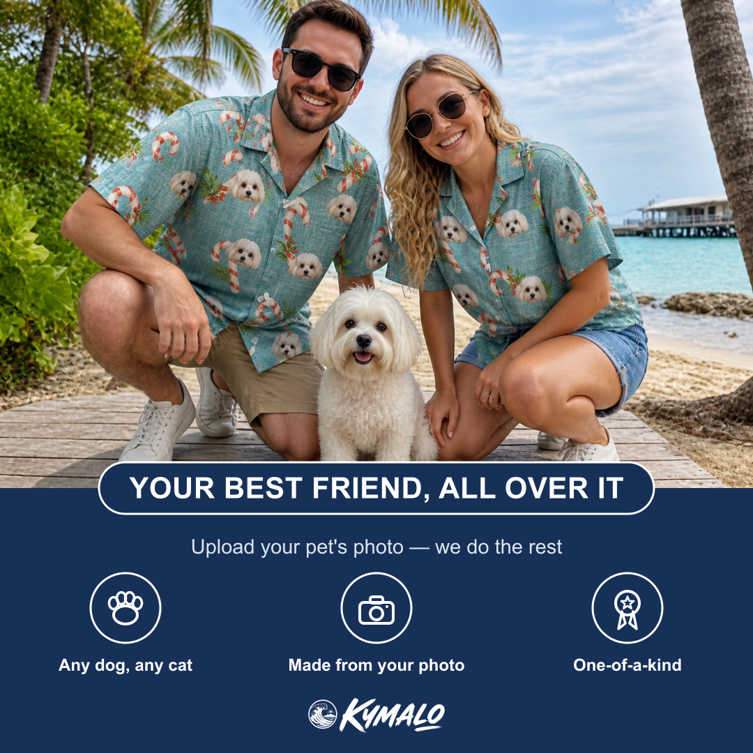 Friends in matching Men's Cane Carousel Custom Dog Face Hawaiian Shirt — a group gift photo