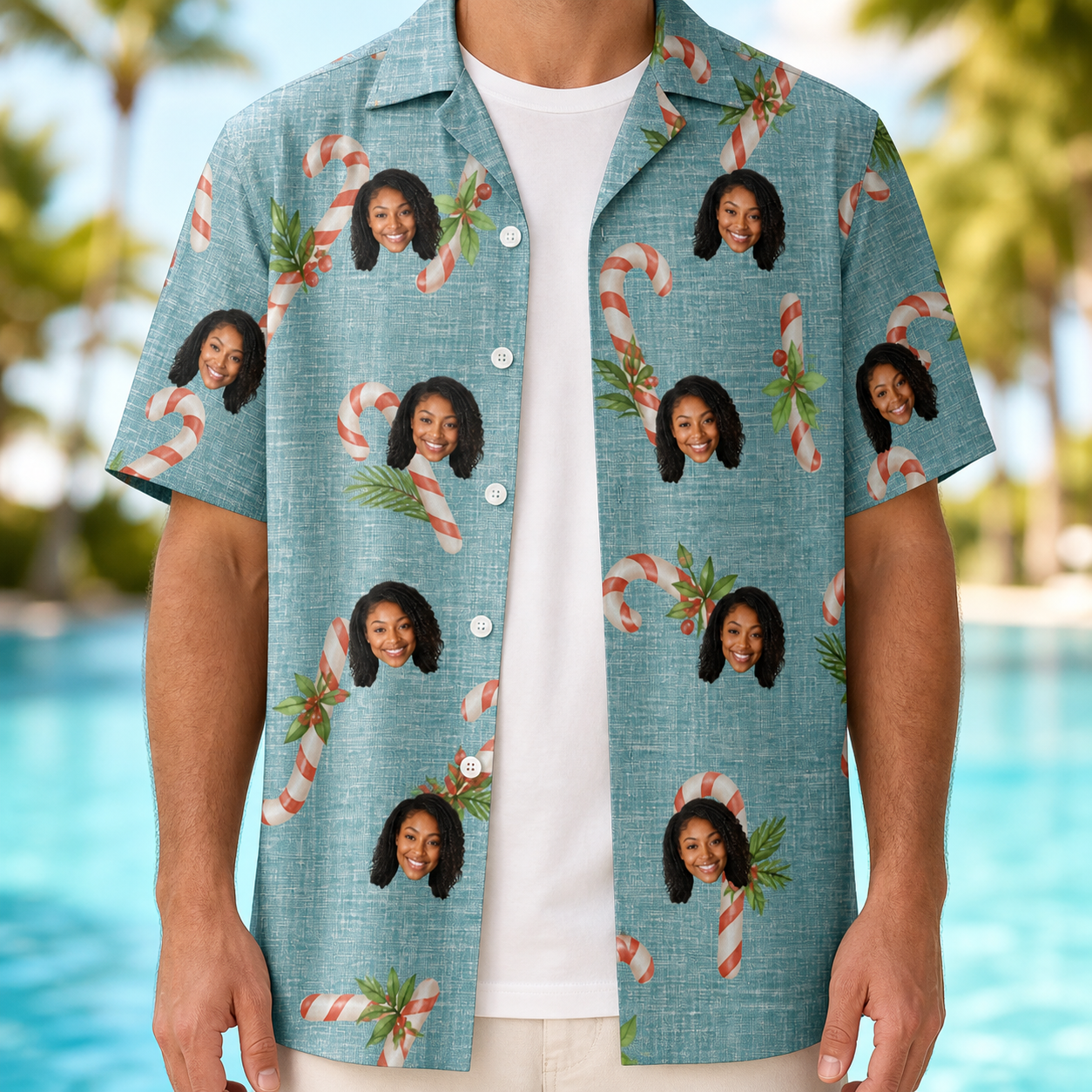 Man wearing Men's Cane Carousel Custom Face Hawaiian Shirt open over a white tee
