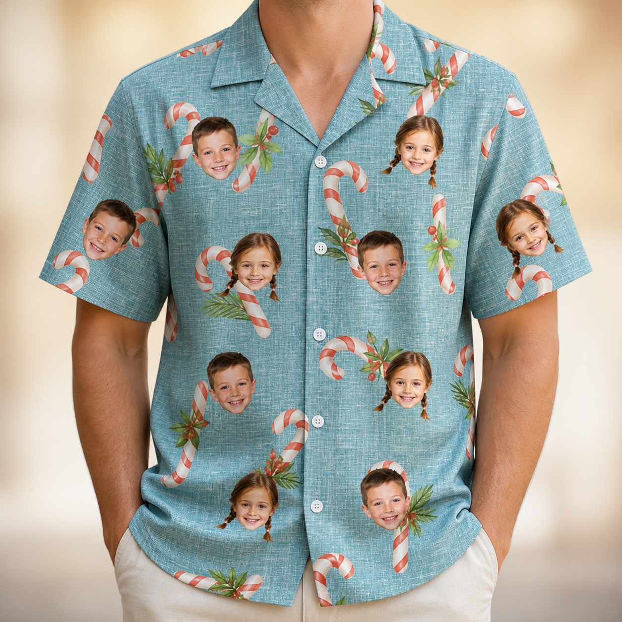 Model wearing Men's Cane Carousel Custom Face Hawaiian Shirt printed with kids' faces