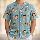 Model wearing Men's Cane Carousel Custom Face Hawaiian Shirt printed with kids' faces