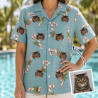 Woman wearing Women's Cane Carousel Custom Cat Face Hawaiian Shirt — custom faces printed all-over