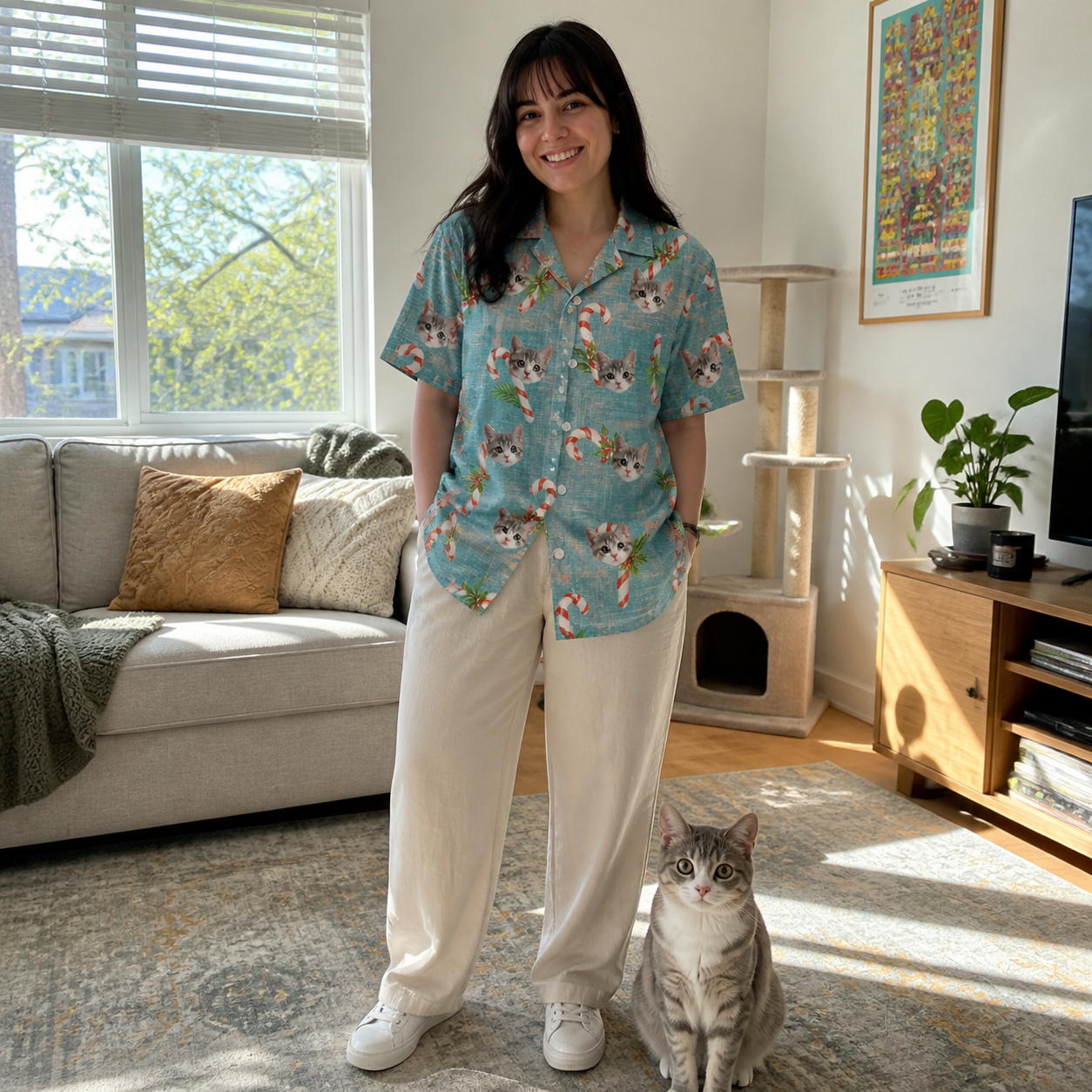 Full-length photo with the pet printed all over this Women's Cane Carousel Custom Cat Face Hawaiian Shirt