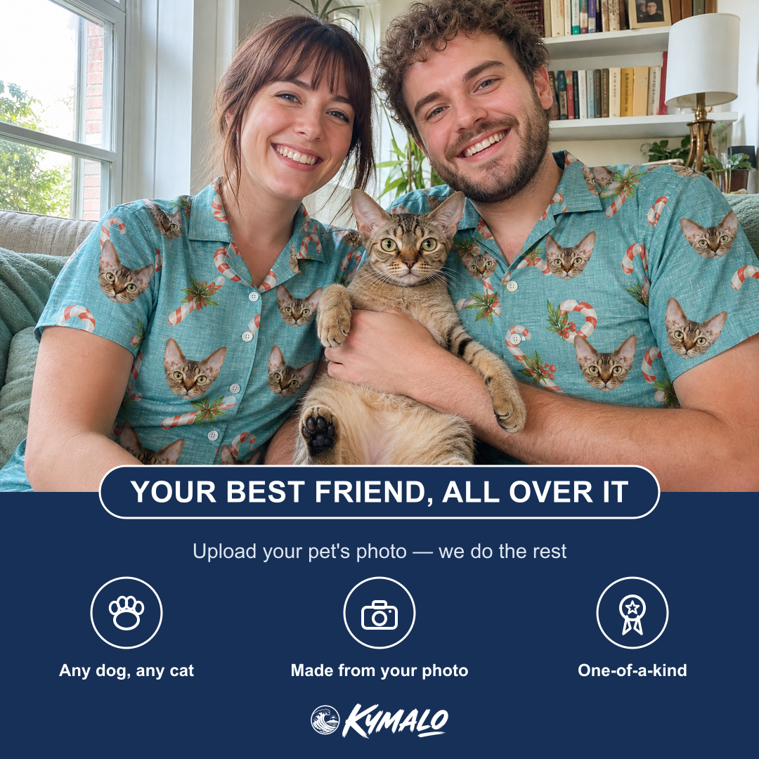 Friends in matching Women's Cane Carousel Custom Cat Face Hawaiian Shirt — a group gift photo