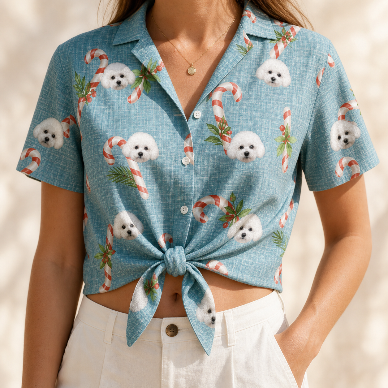 Woman wearing Women's Cane Carousel Custom Dog Face Hawaiian Shirt tied at the waist