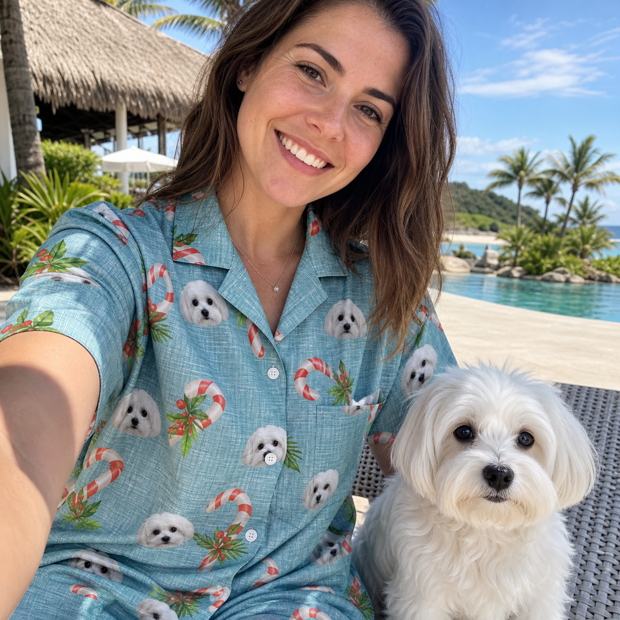 Selfie with the pet whose face is printed all over this Women's Cane Carousel Custom Dog Face Hawaiian Shirt