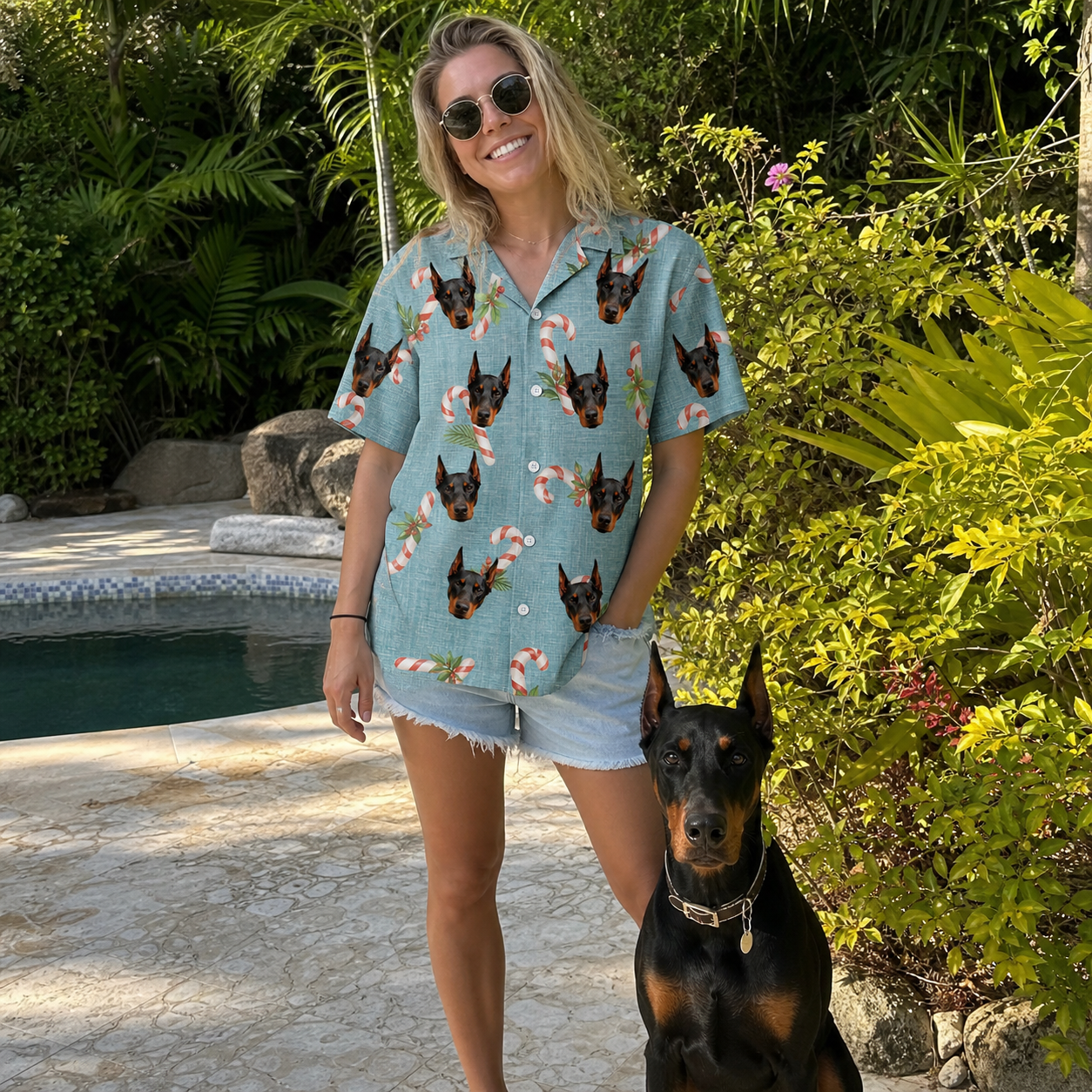 Full-length photo with the pet printed all over this Women's Cane Carousel Custom Dog Face Hawaiian Shirt