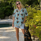 Full-length photo with the pet printed all over this Women's Cane Carousel Custom Dog Face Hawaiian Shirt