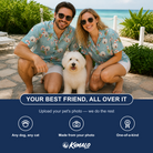 Friends in matching Women's Cane Carousel Custom Dog Face Hawaiian Shirt — a group gift photo