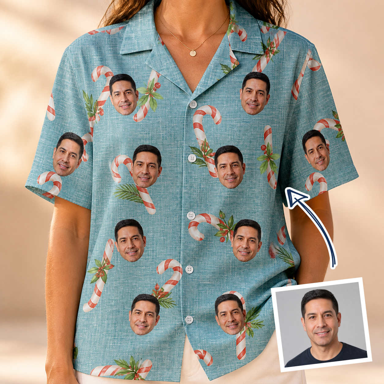 Woman wearing Women's Cane Carousel Custom Face Hawaiian Shirt — custom faces printed all-over