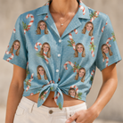 Woman wearing Women's Cane Carousel Custom Face Hawaiian Shirt tied at the waist