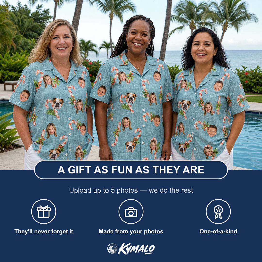 Friends in matching Women's Cane Carousel Custom Face Hawaiian Shirt — a group gift photo
