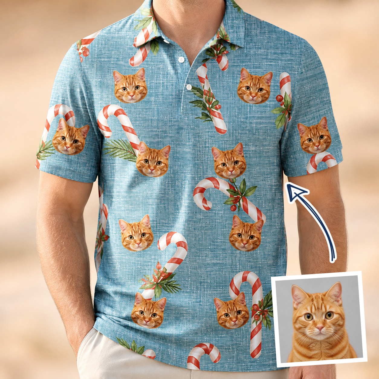 Man wearing Men's Cane Carousel Custom Cat Face Polo Shirt — custom faces printed all-over