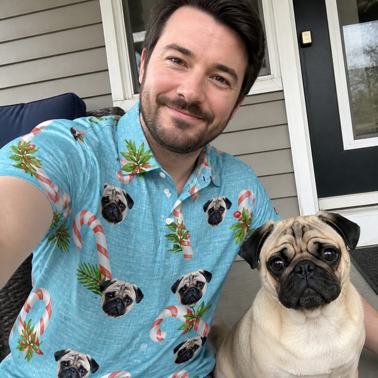 Selfie with the pet whose face is printed all over this Men's Cane Carousel Custom Dog Face Polo Shirt