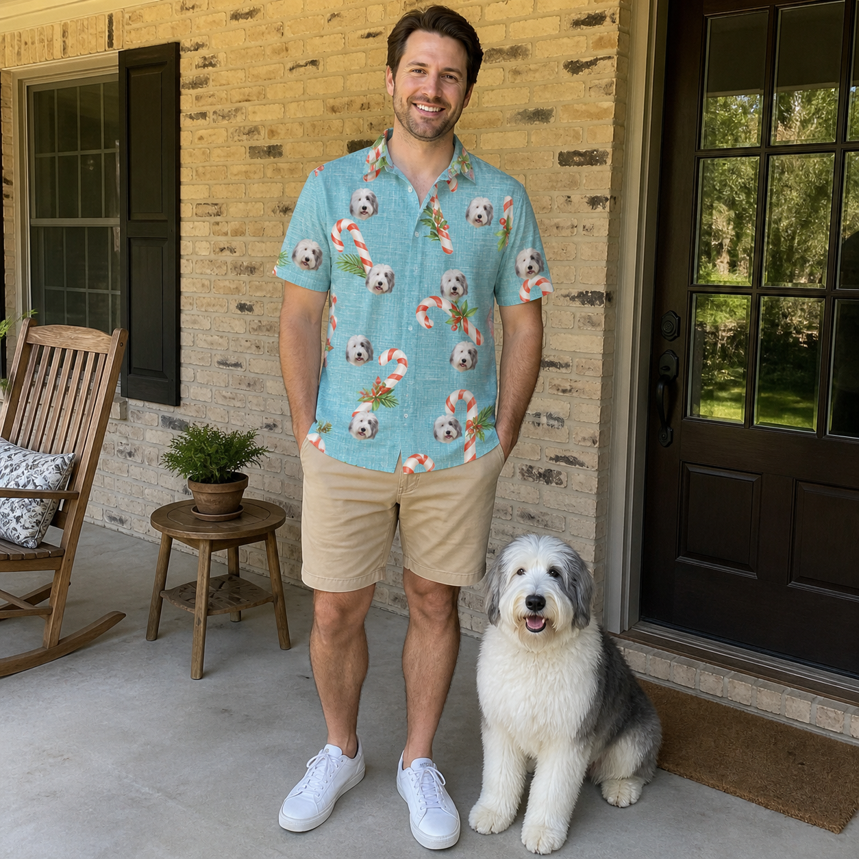 Full-length photo with the pet printed all over this Men's Cane Carousel Custom Dog Face Polo Shirt