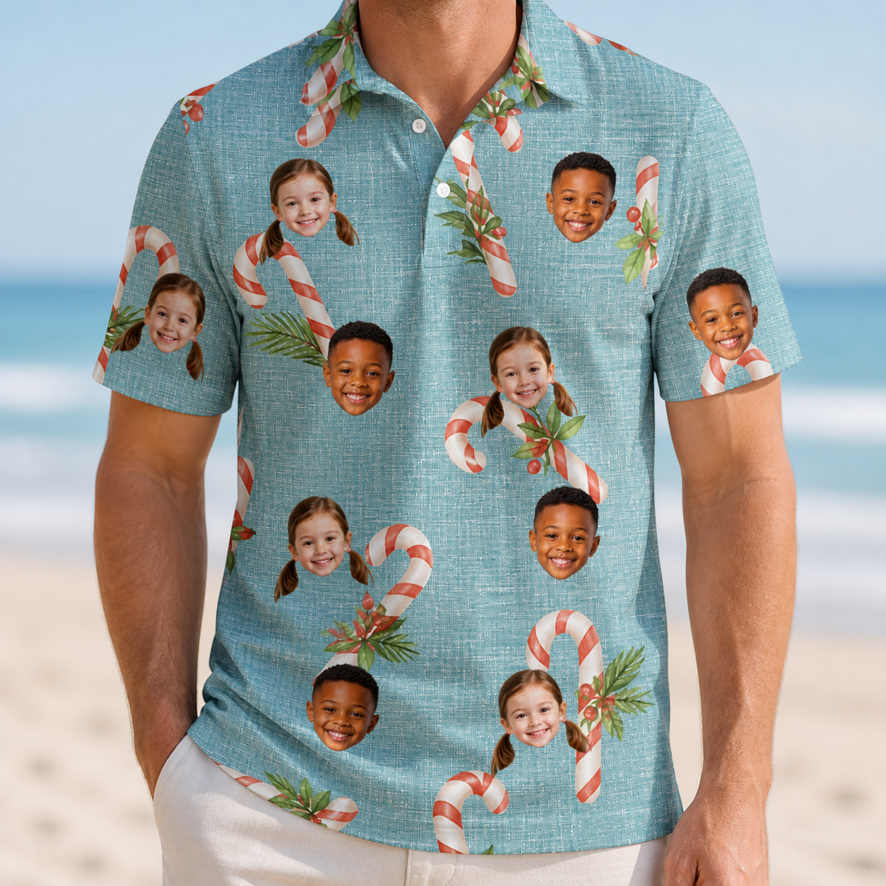 Model wearing Men's Cane Carousel Custom Face Polo Shirt printed with kids' faces