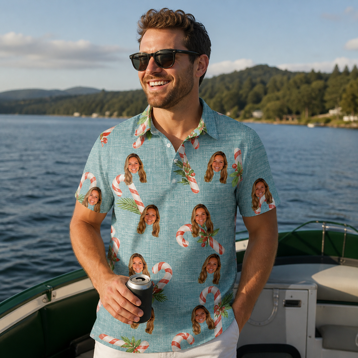 Real-life photo of someone wearing Men's Cane Carousel Custom Face Polo Shirt — custom faces printed all-over