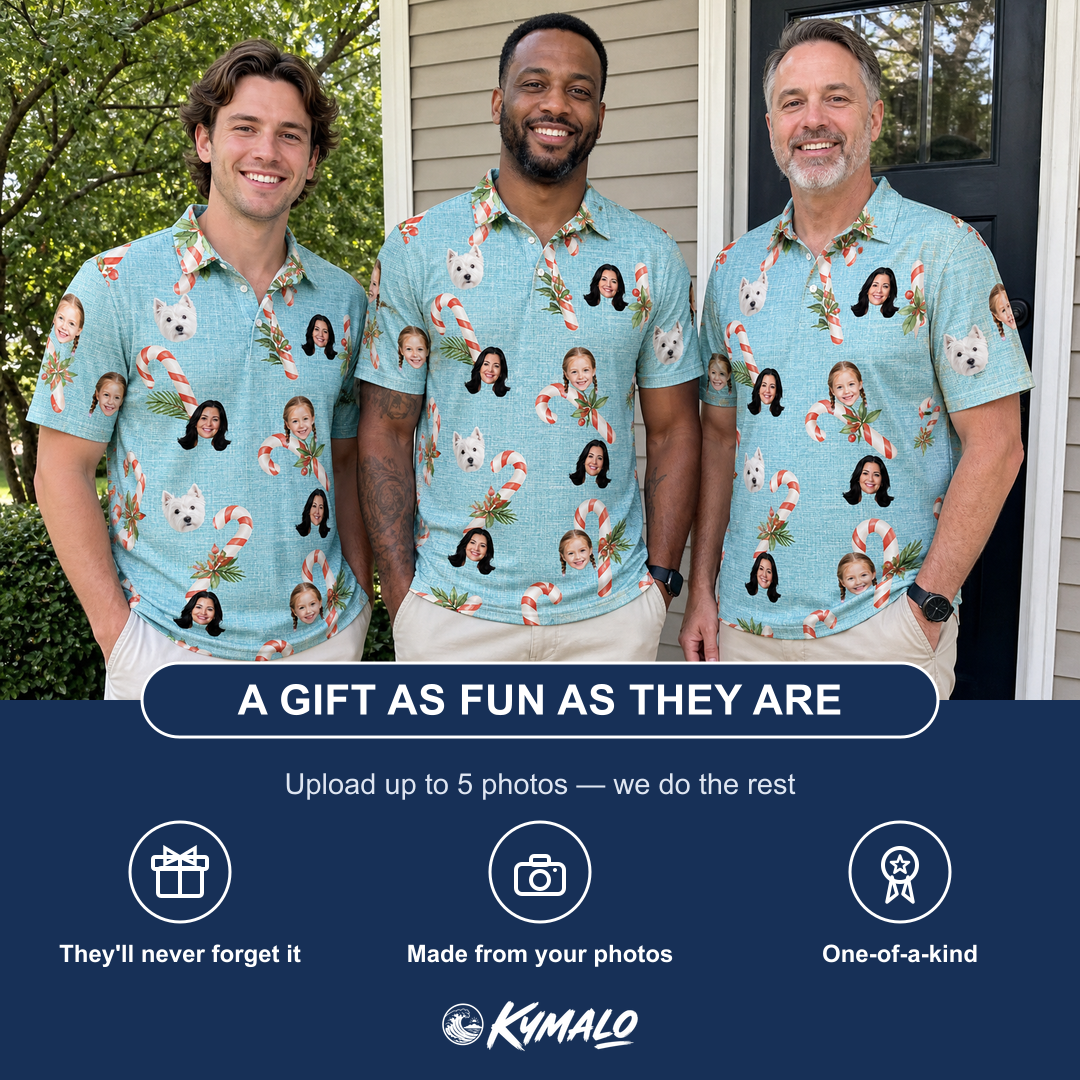 Friends in matching Men's Cane Carousel Custom Face Polo Shirt — a group gift photo
