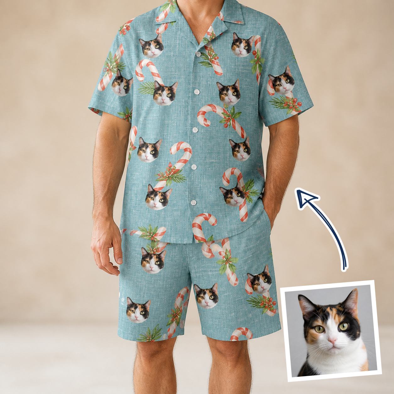 Man wearing Men's Cane Carousel Custom Cat Face Shirt & Shorts Set — custom faces printed all-over