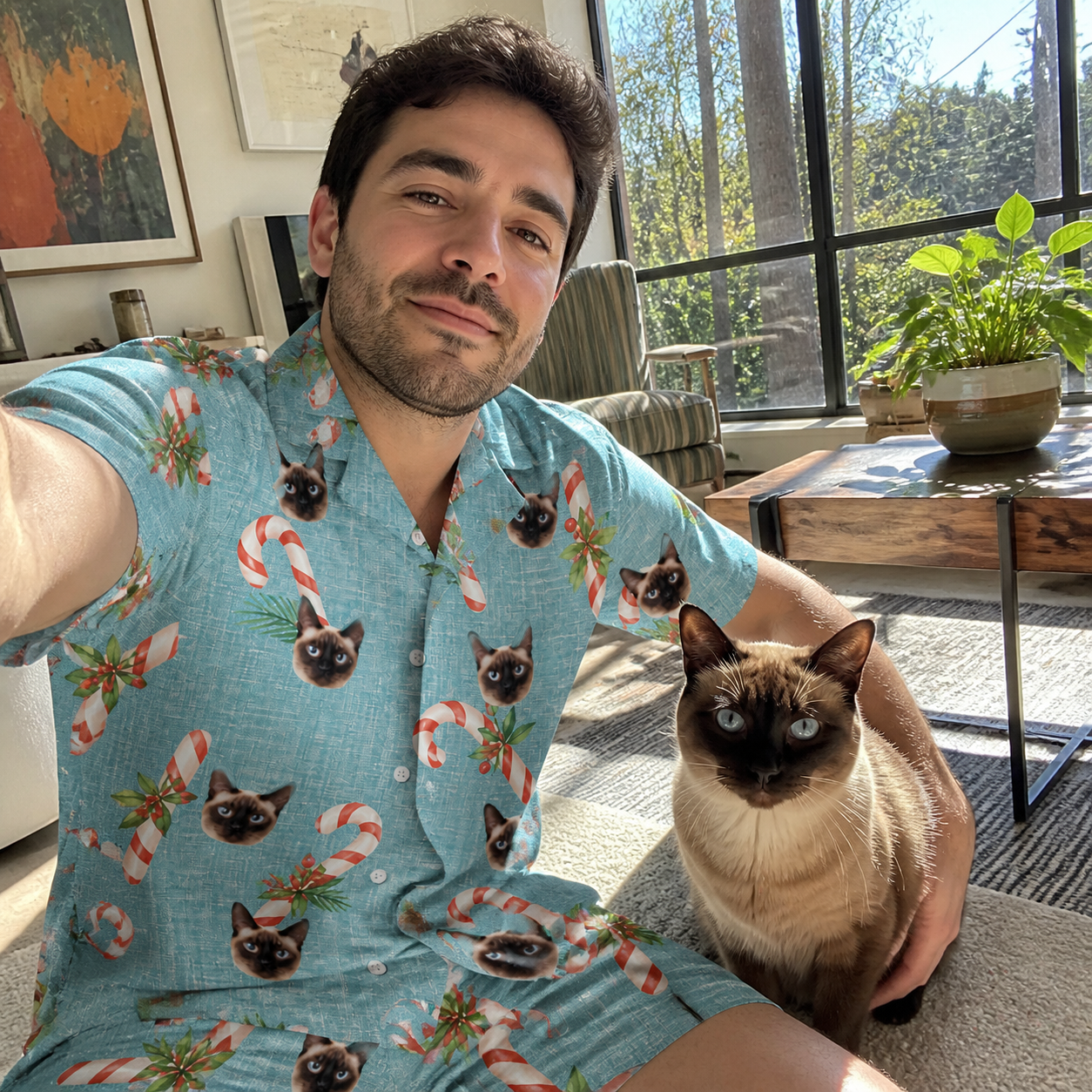 Selfie with the pet whose face is printed all over this Men's Cane Carousel Custom Cat Face Shirt & Shorts Set