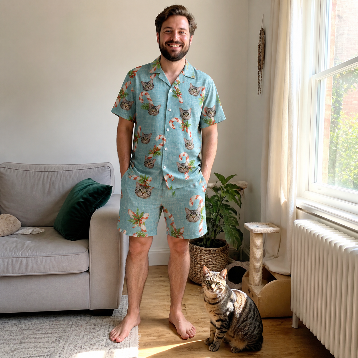Full-length photo with the pet printed all over this Men's Cane Carousel Custom Cat Face Shirt & Shorts Set