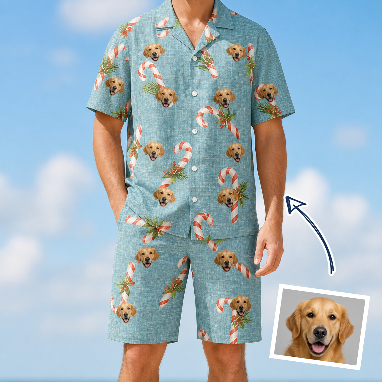 Man wearing Men's Cane Carousel Custom Dog Face Shirt & Shorts Set — custom faces printed all-over