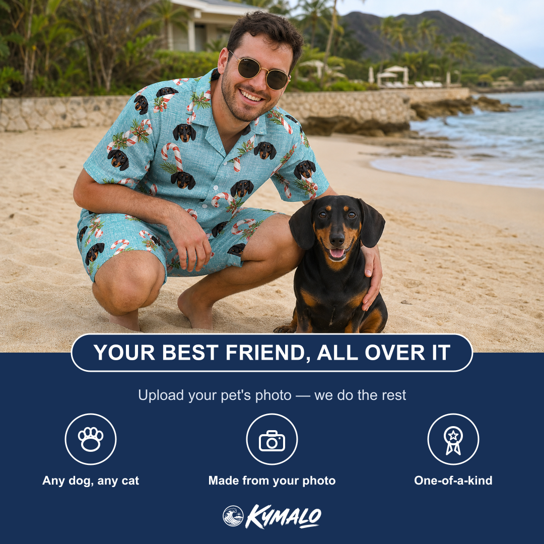 Friends in matching Men's Cane Carousel Custom Dog Face Shirt & Shorts Set — a group gift photo