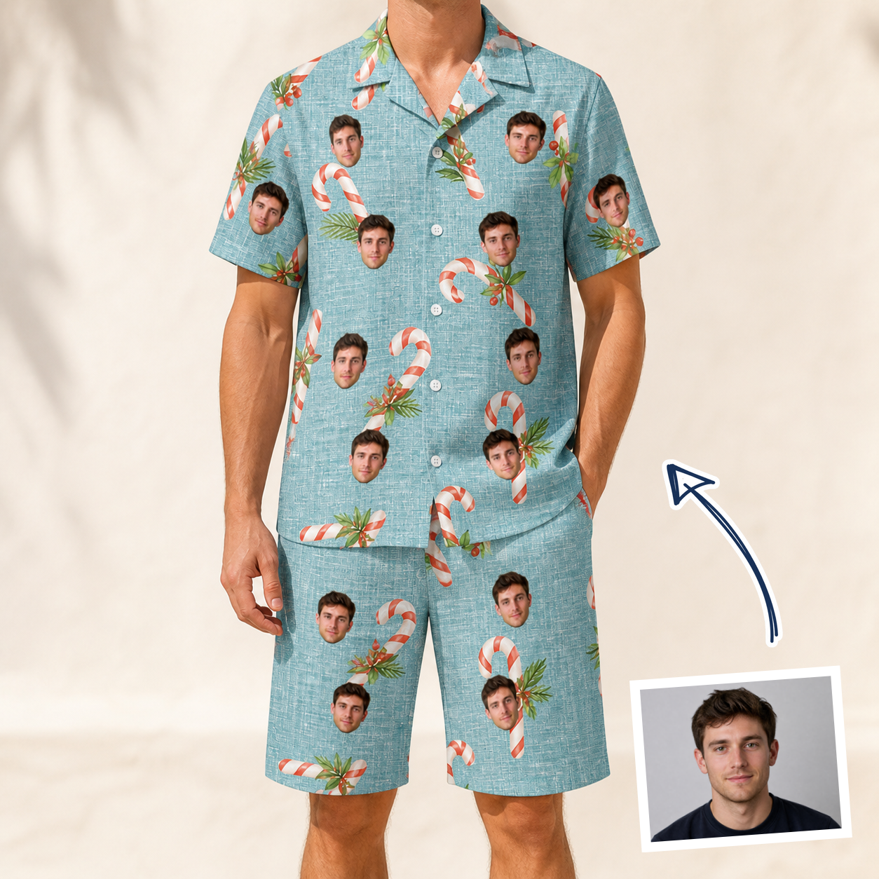 Man wearing Men's Cane Carousel Custom Face Shirt & Shorts Set — custom faces printed all-over