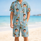 Model wearing Men's Cane Carousel Custom Face Shirt & Shorts Set printed with kids' faces