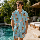 Real-life photo of someone wearing Men's Cane Carousel Custom Face Shirt & Shorts Set — custom faces printed all-over