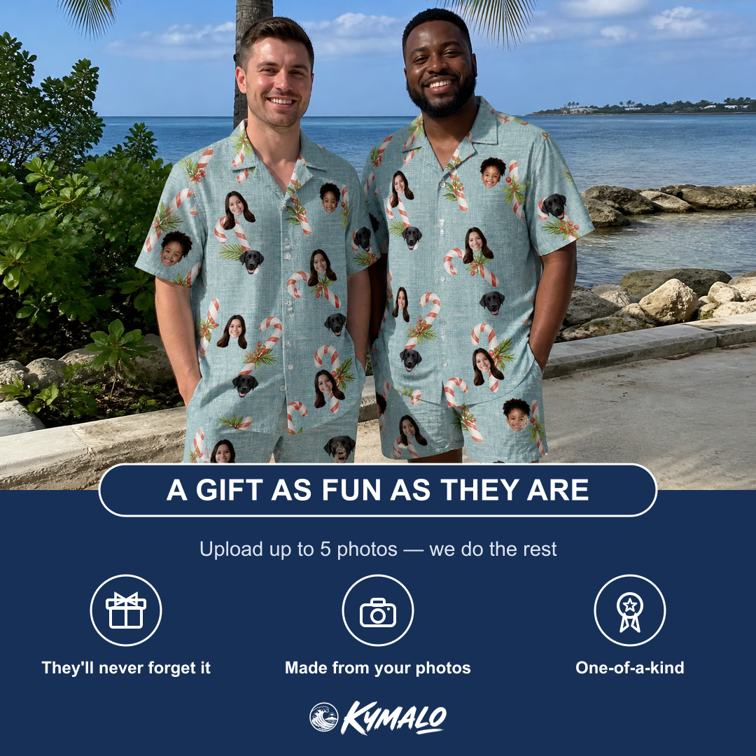 Friends in matching Men's Cane Carousel Custom Face Shirt & Shorts Set — a group gift photo