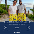 Friends in matching Men's Tree Trinkets Custom Face Beach Shorts — a group gift photo