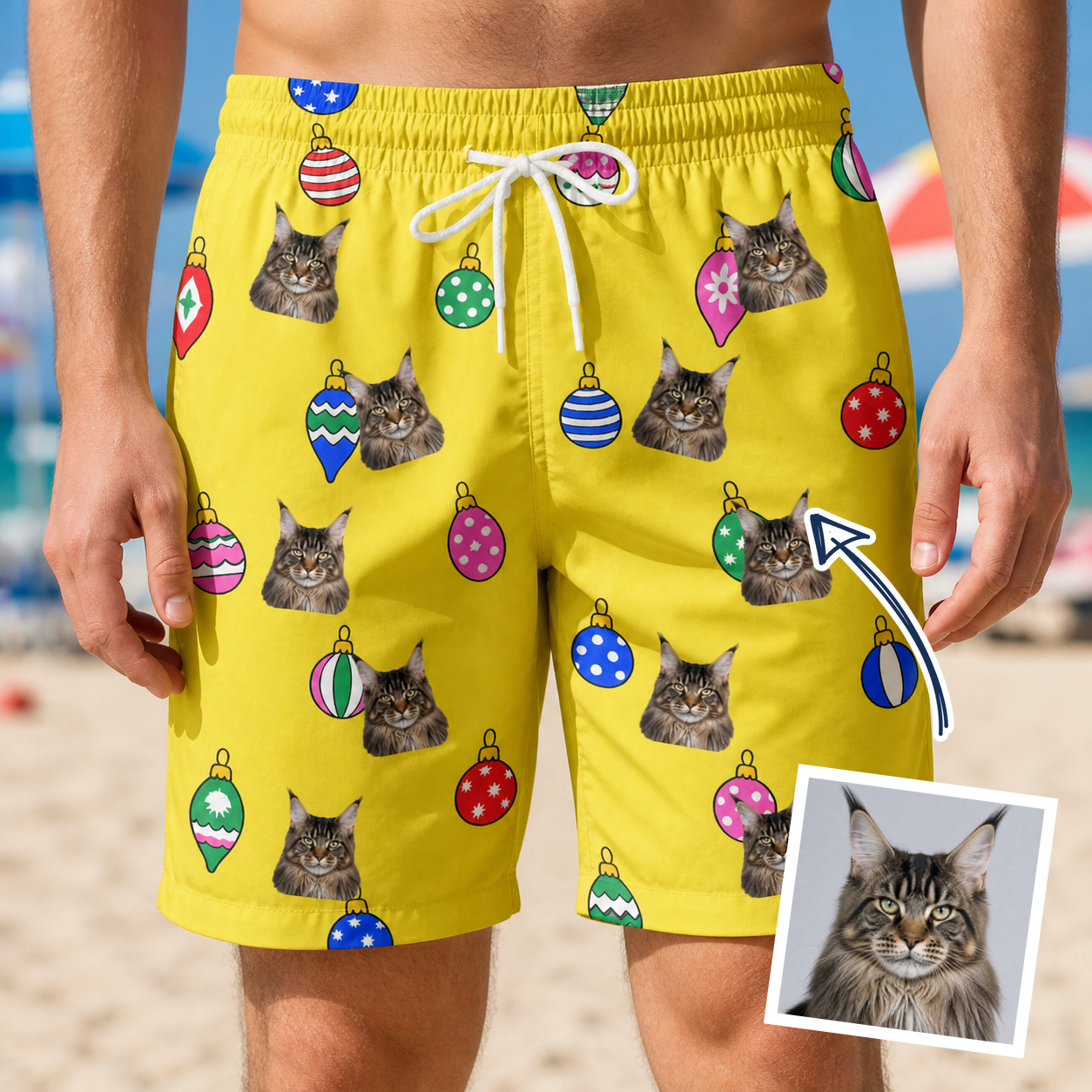 Man wearing Men's Tree Trinkets Custom Cat Face Beach Shorts — custom faces printed all-over