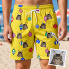 Man wearing Men's Tree Trinkets Custom Cat Face Beach Shorts — custom faces printed all-over
