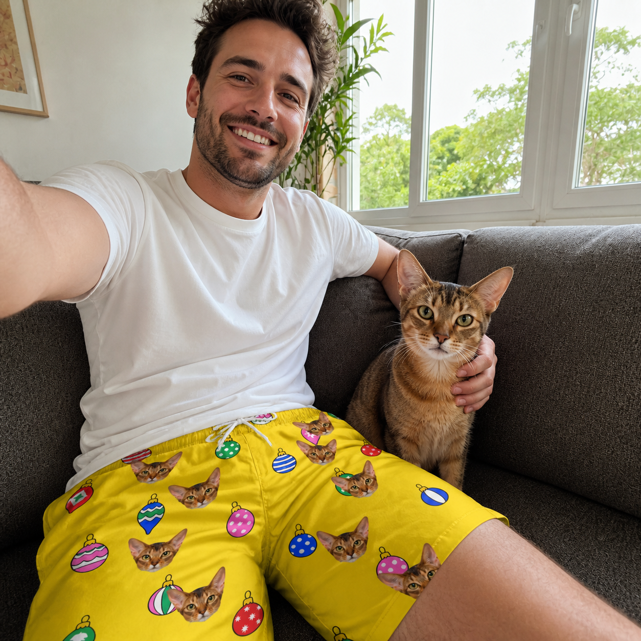 Selfie with the pet whose face is printed all over this Men's Tree Trinkets Custom Cat Face Beach Shorts