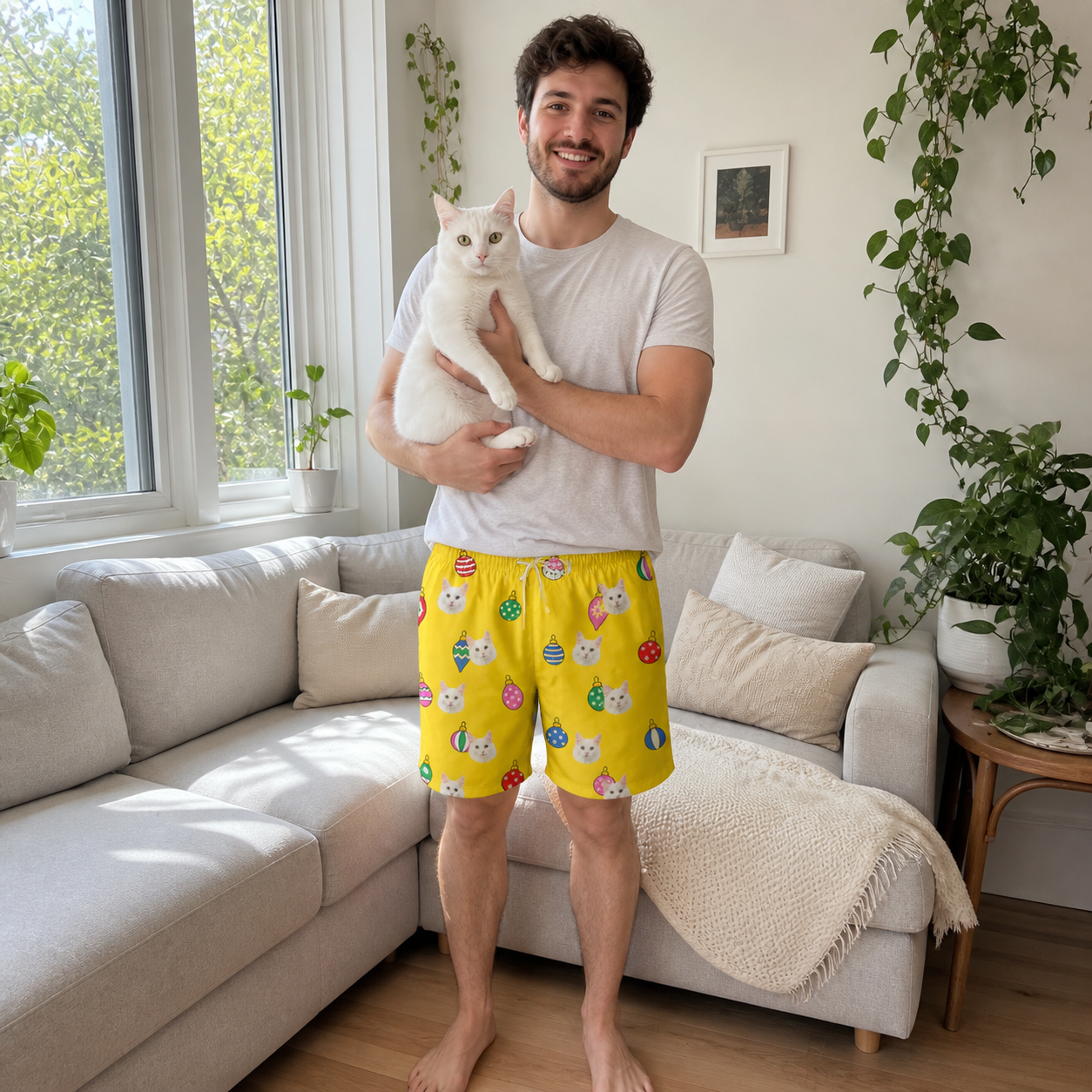 Full-length photo with the pet printed all over this Men's Tree Trinkets Custom Cat Face Beach Shorts