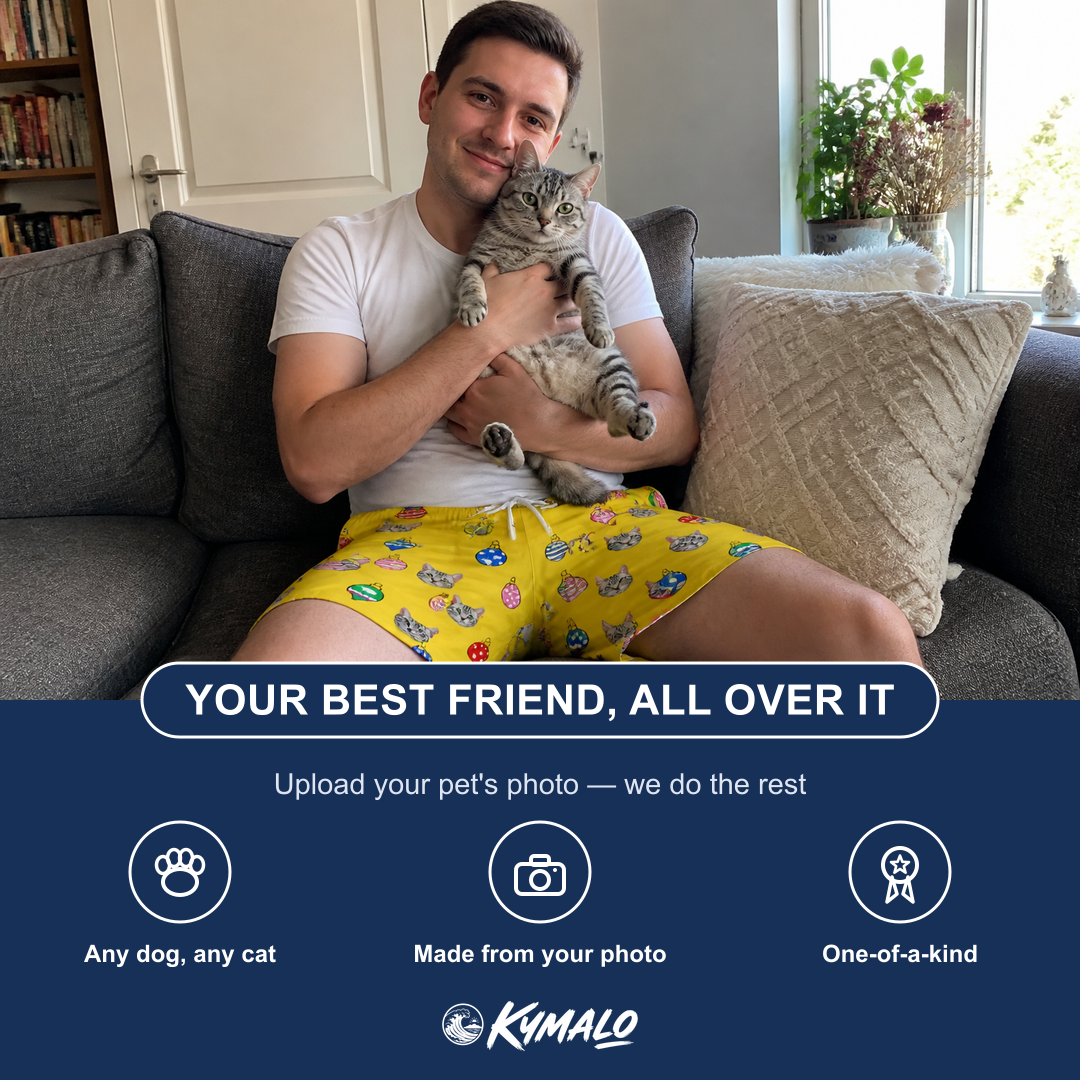 Friends in matching Men's Tree Trinkets Custom Cat Face Beach Shorts — a group gift photo