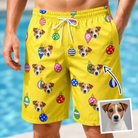 Man wearing Men's Tree Trinkets Custom Dog Face Beach Shorts — custom faces printed all-over