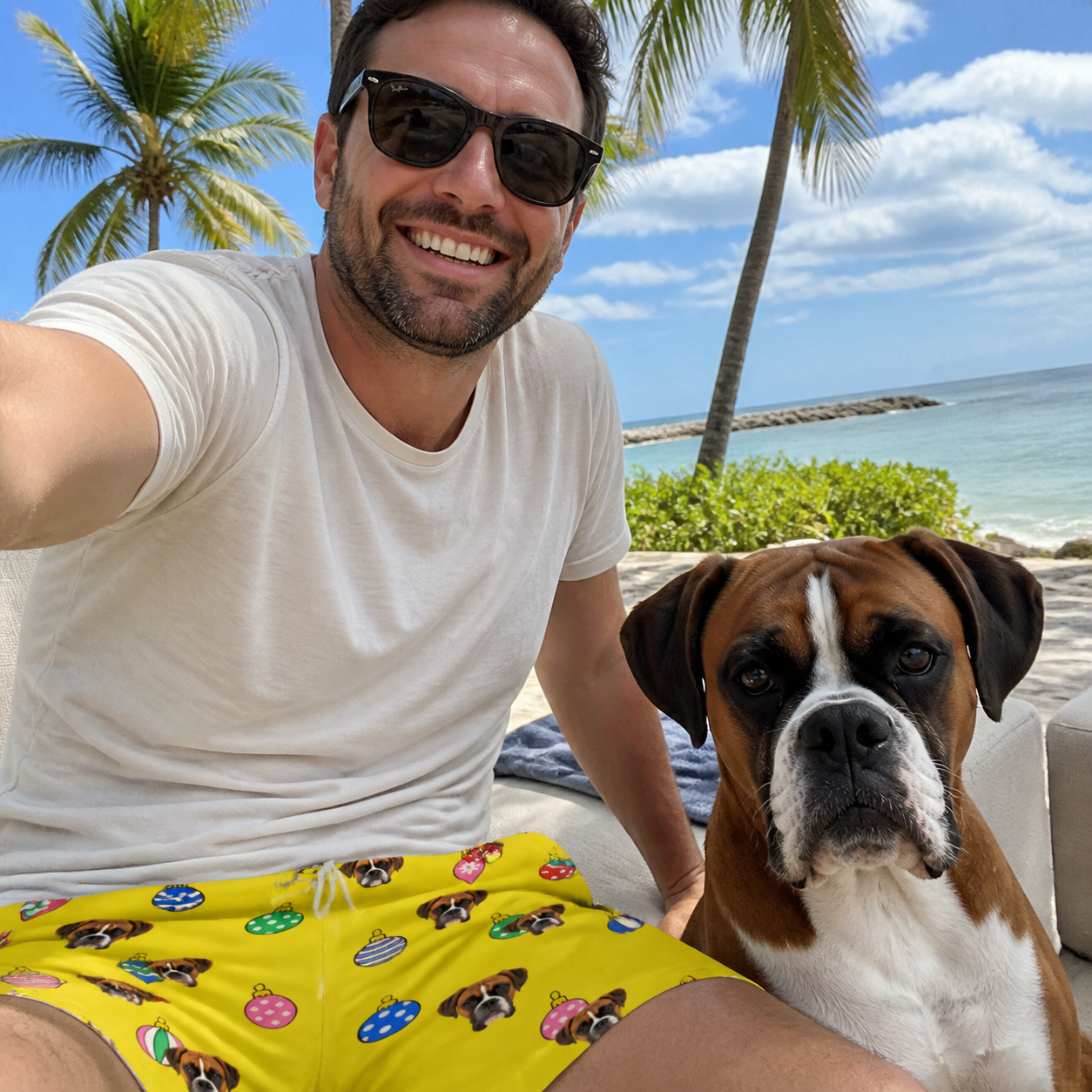 Selfie with the pet whose face is printed all over this Men's Tree Trinkets Custom Dog Face Beach Shorts