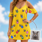 Woman wearing Women's Tree Trinkets Custom Cat Face Off-Shoulder Dress — custom faces printed all-over