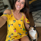 Selfie with the pet whose face is printed all over this Women's Tree Trinkets Custom Cat Face Off-Shoulder Dress