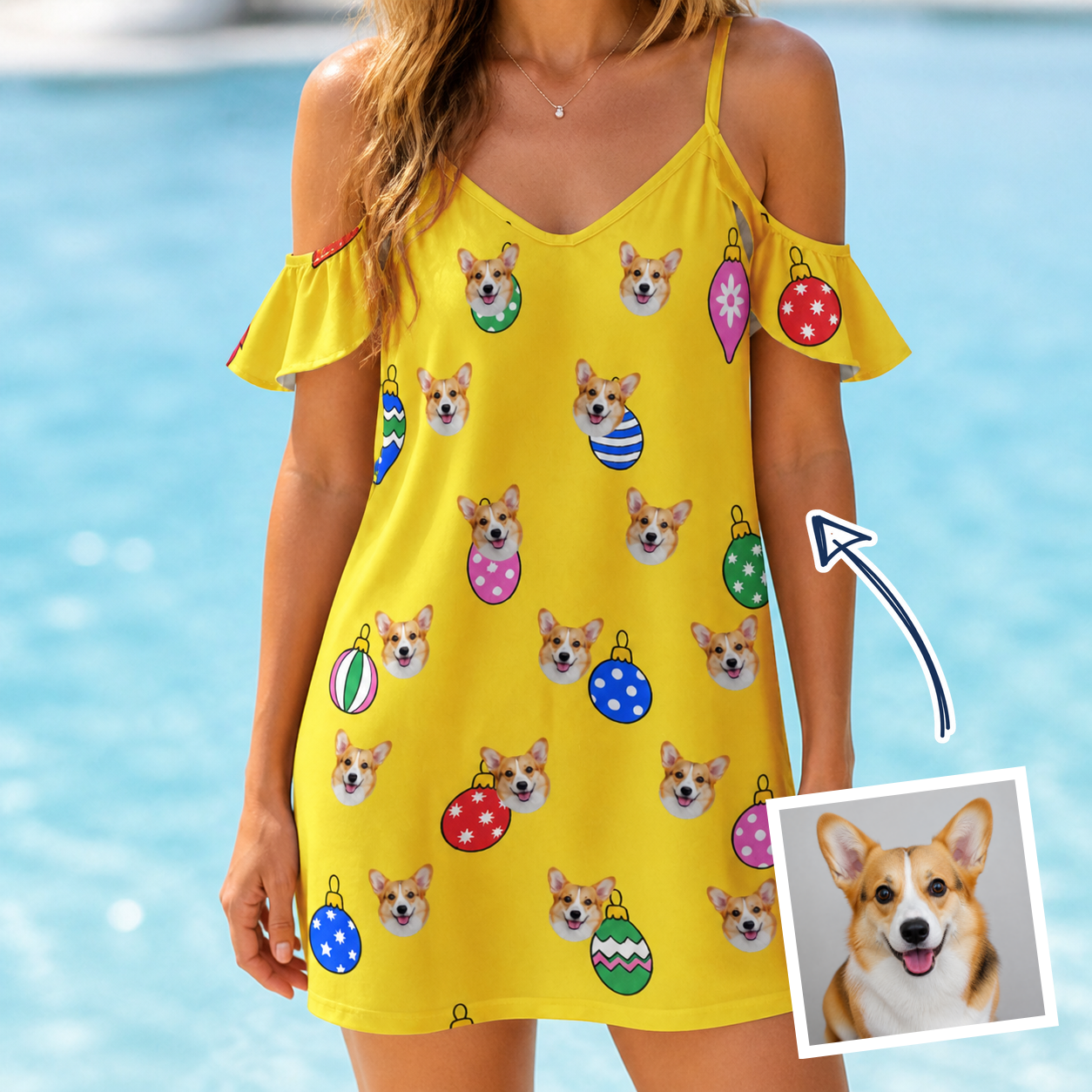 Woman wearing Women's Tree Trinkets Custom Dog Face Off-Shoulder Dress — custom faces printed all-over